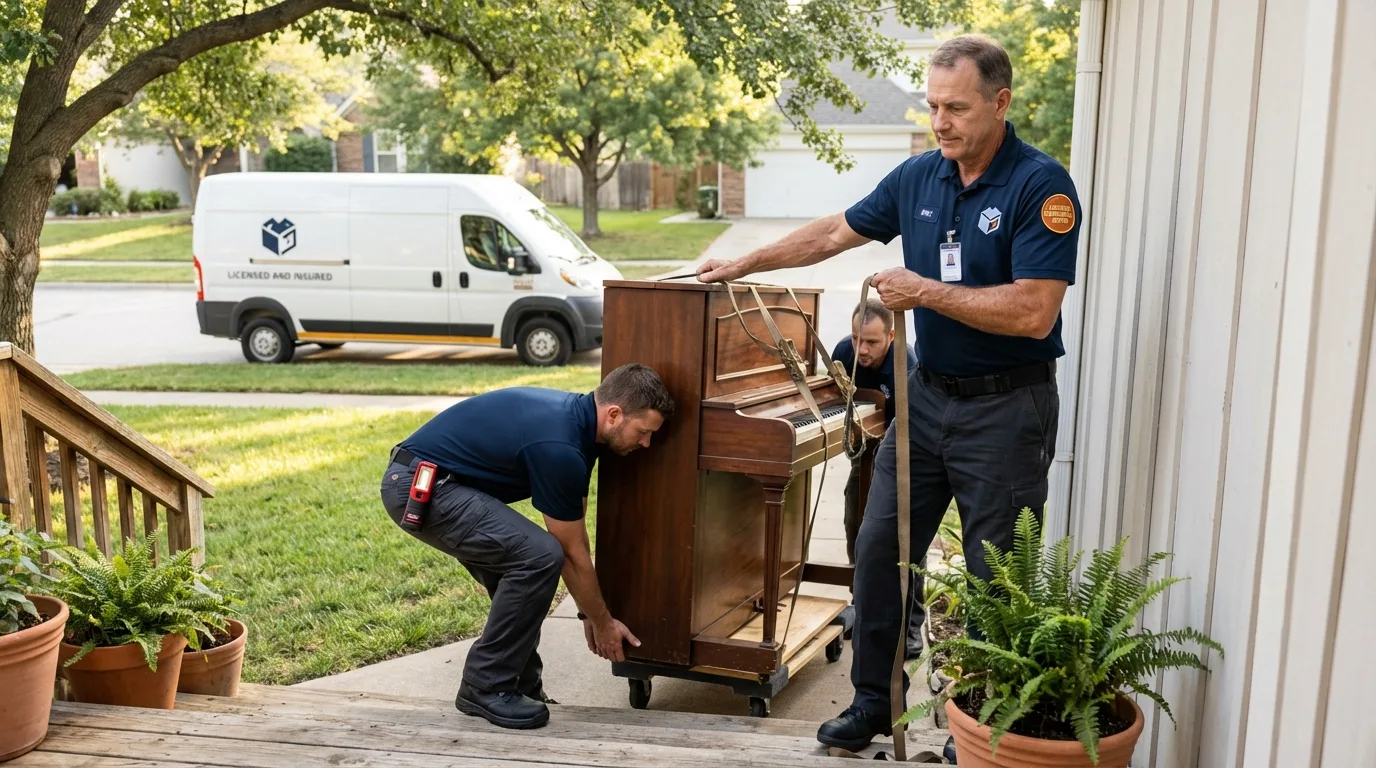 Licensed piano movers securing grand piano in Greenwich, OH
