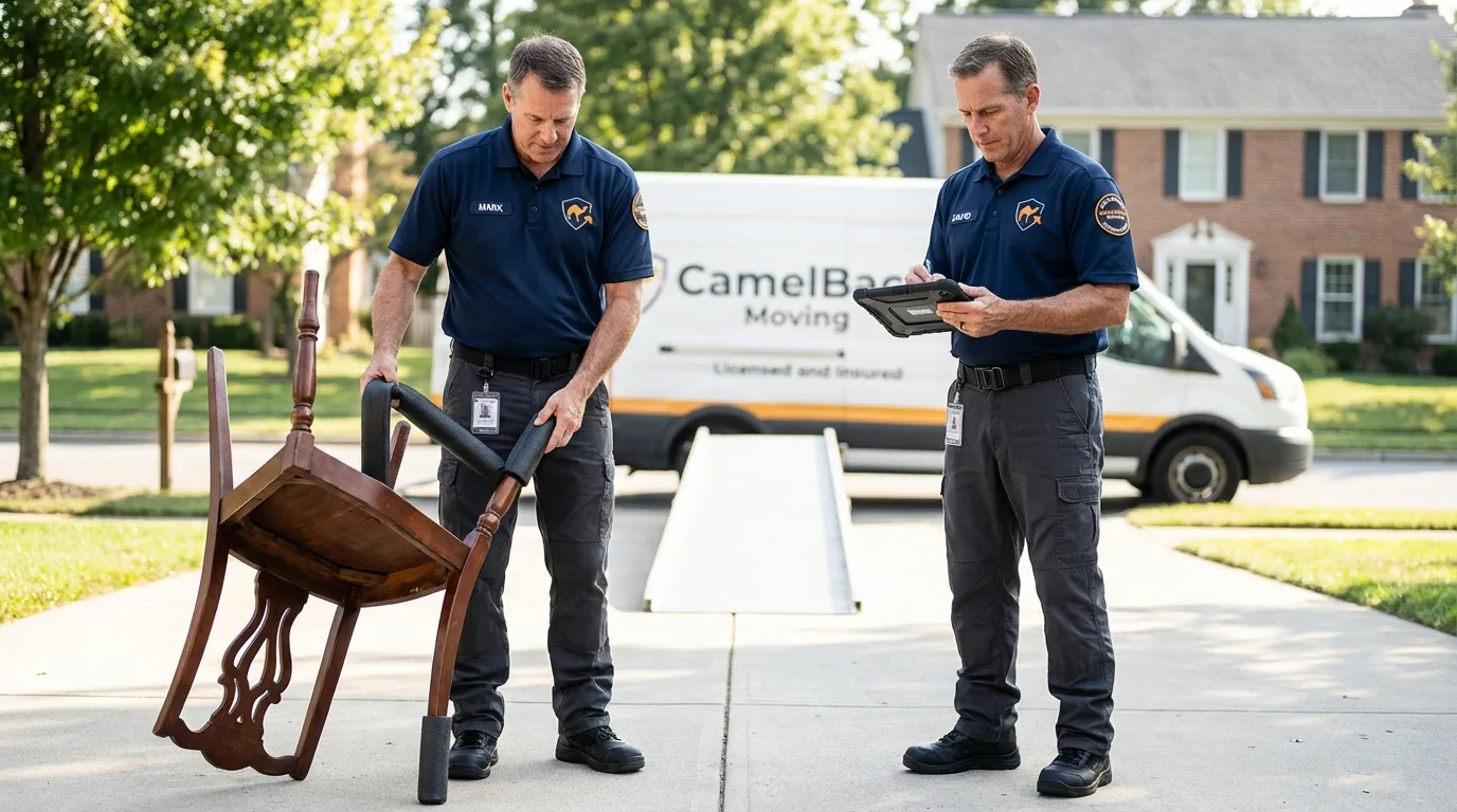 Movers inspecting furniture for damage prevention before loading in Greenwich, OH
