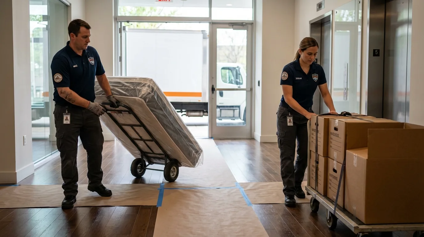 Professional apartment movers loading elevator in Greenwich, OH