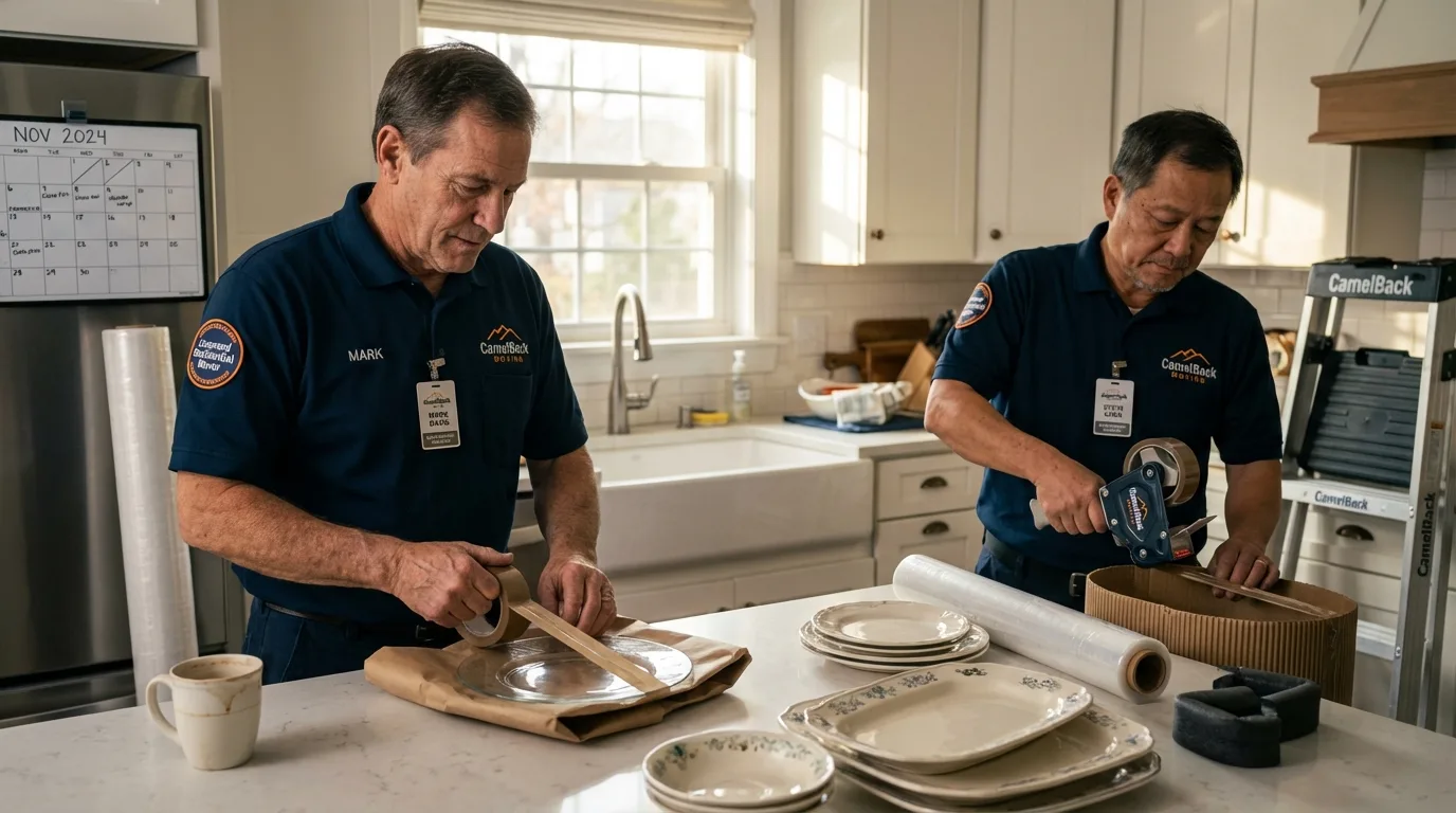 Professional crew packing kitchen dishware in Greenwich, OH